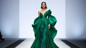 Fashion model wearing emerald green sculptural gown with dramatic draped sleeves and oversized silhouette on minimalist runway, professional lighting, haute couture aesthetic, confident pose