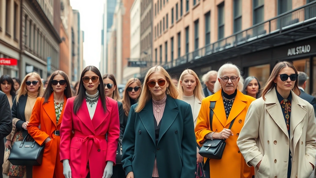 Diverse group of fashionably dressed attendees on Manhattan street wearing bold color combinations, statement accessories, and layered outfits during fashion week, natural daylight, urban backdrop