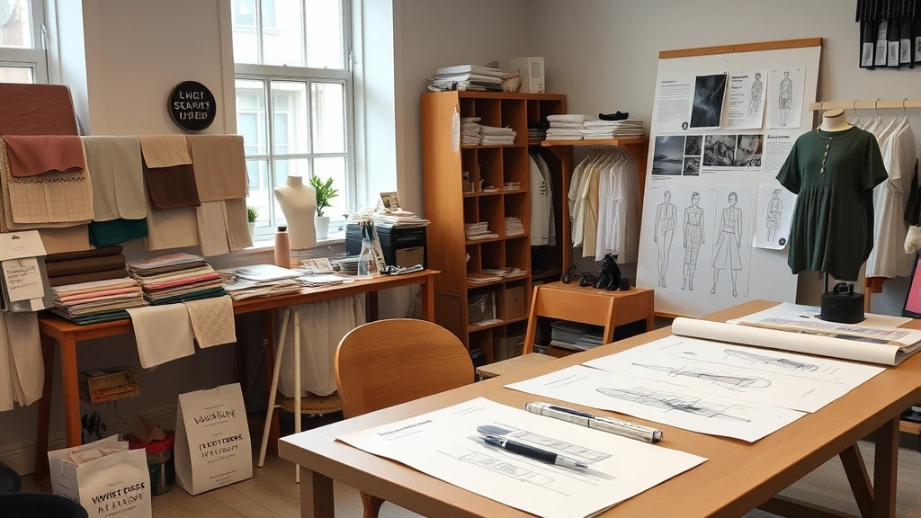 Designer's studio workspace showing sustainable fabric swatches, ethical production documentation, innovative eco-friendly materials, and sketches of architectural garment designs, creative professional environment