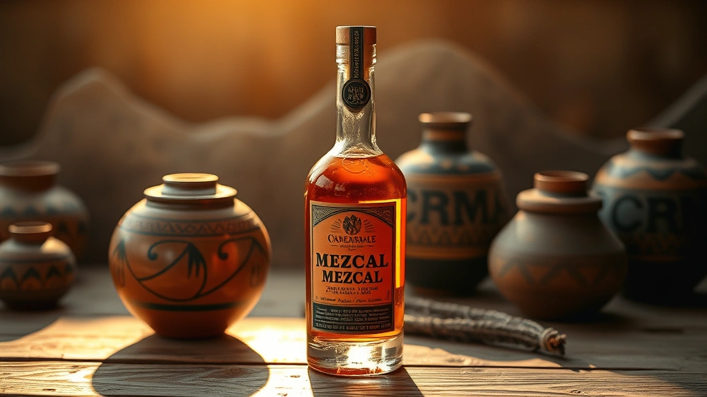Artisanal mezcal bottle with rustic Oaxacan pottery, soft warm lighting, golden hour ambiance, Mexican heritage aesthetic, no labels visible, photorealistic spirits presentation