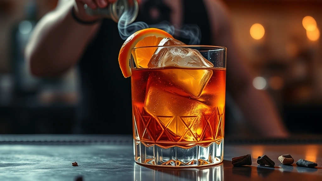 Expertly crafted Oaxaca Old Fashioned cocktail in crystal rocks glass, single large ice cube, expressed orange twist, smoking element with wood chips, professional bar setting, moody atmospheric lighting