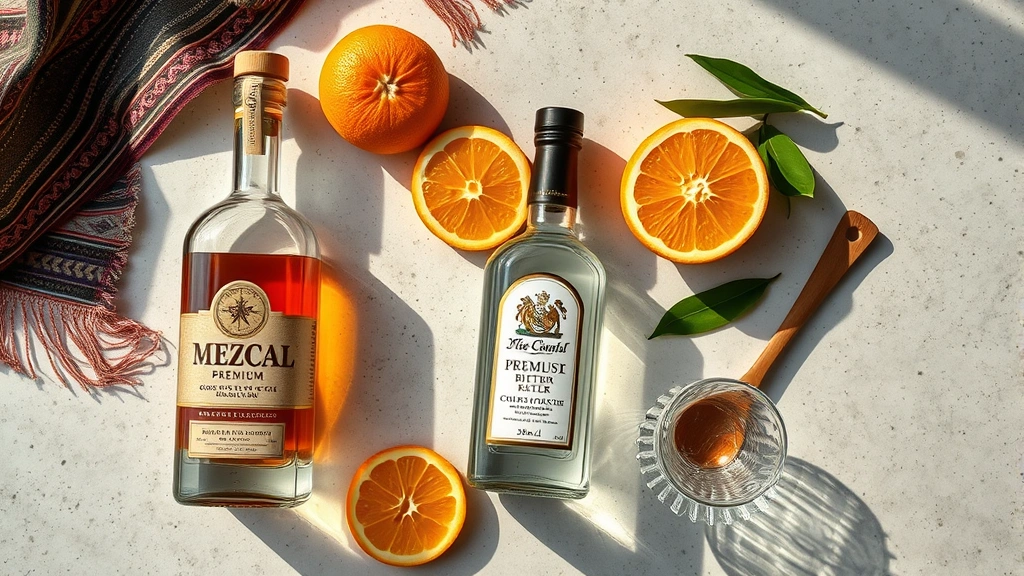 Overhead flat lay of cocktail ingredients arranged artfully: premium mezcal bottle, chocolate bitters, agave nectar, fresh oranges, wooden bar spoon, crystal glassware, Mexican textiles, natural lighting