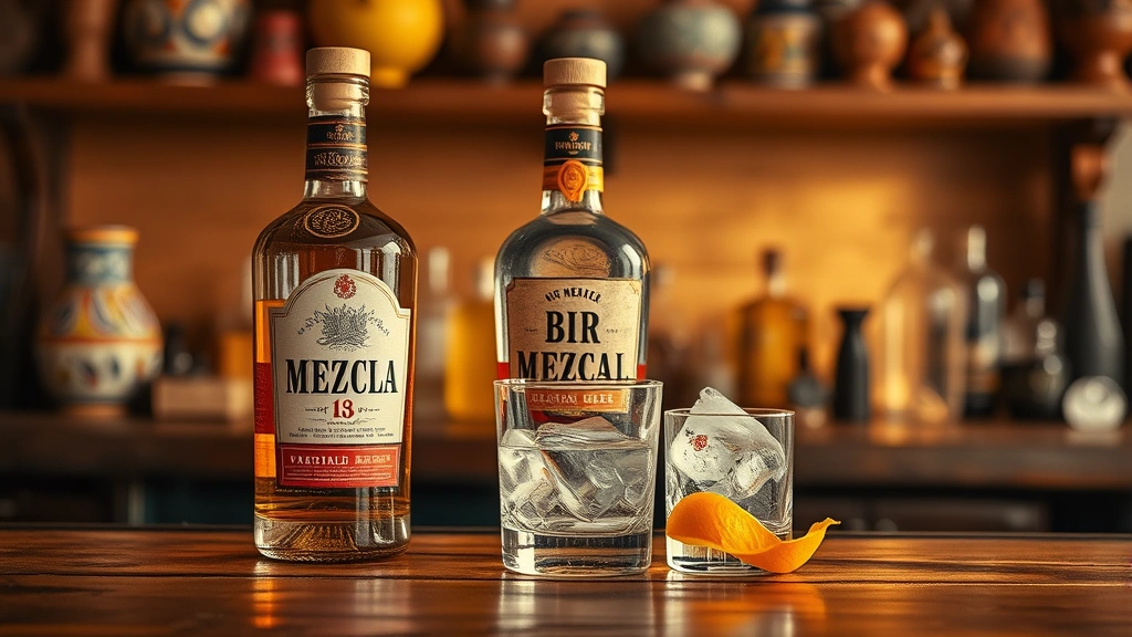 Rustic wooden bar counter with mezcal bottle, crystal rocks glass, orange peel, and ice cube in warm golden lighting, Mexican artisanal ceramics visible in background, photorealistic professional bar setting