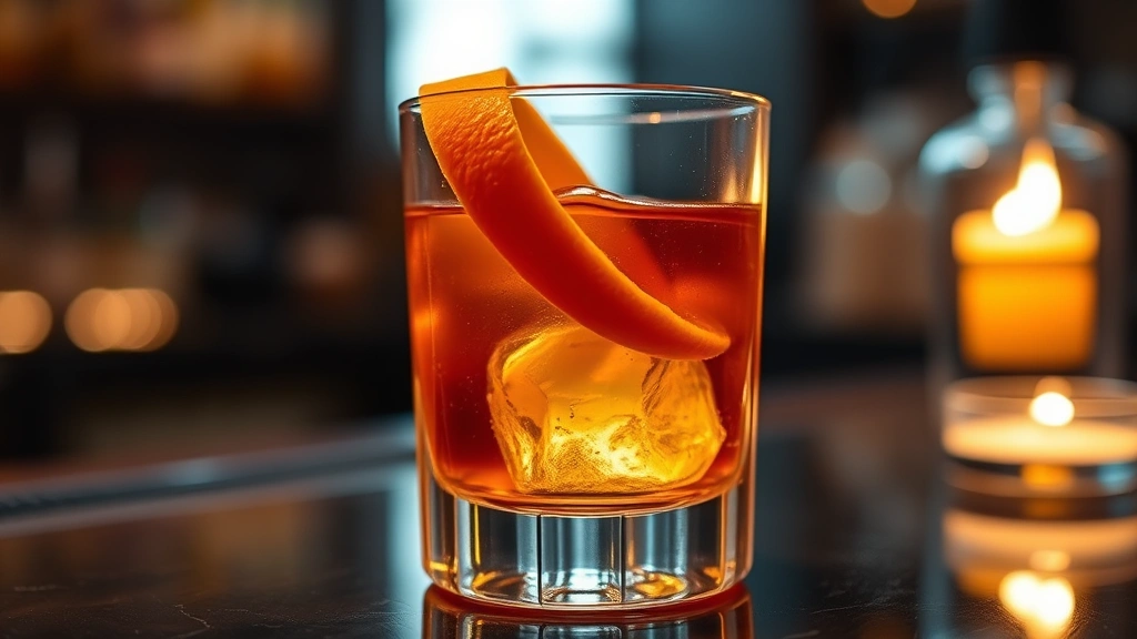 Close-up of expertly crafted Oaxacan Old Fashioned cocktail in elegant rocks glass with fresh orange peel garnish, amber liquid catching warm ambient light, ice cube visible, sophisticated bar aesthetic
