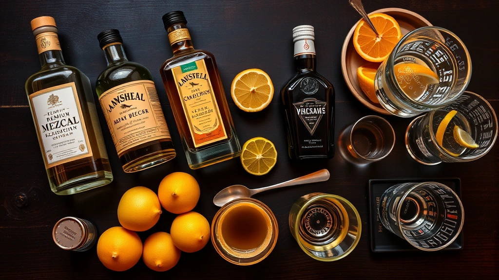 Overhead flat lay of premium mezcal bottles, agave nectar, Angostura bitters, bar spoon, fresh citrus fruits, and artisanal Mexican glassware on dark wooden surface with warm atmospheric lighting