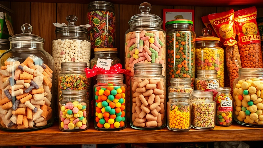 Vibrant vintage candy collection in glass jars featuring colorful wrapped sweets, penny candies, and original retro packaging arranged on wooden shelves with warm lighting