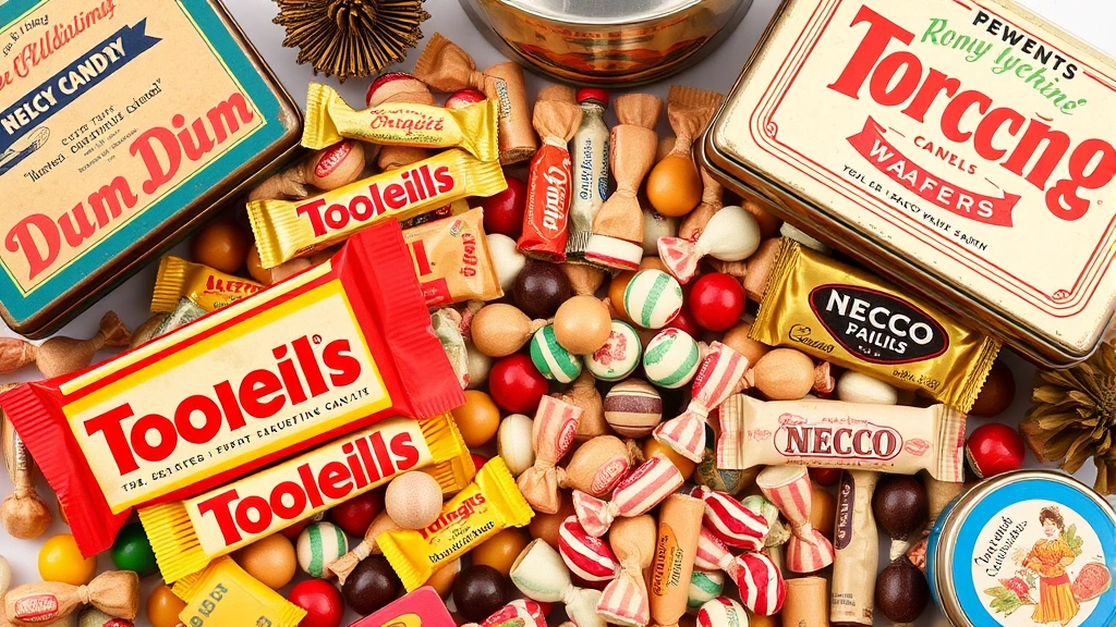 Styled flat lay of old fashion candies including Tootsie Rolls, Dum Dums, and Necco Wafers with vintage packaging, surrounded by antique candy tins and retro aesthetic props
