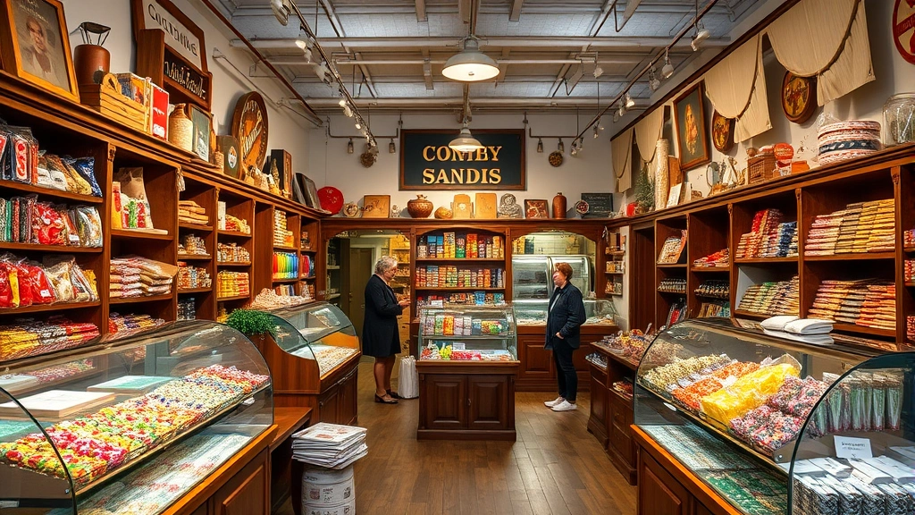 Artisanal vintage candy shop interior showcasing wooden displays filled with colorful wrapped confections, vintage signage, nostalgic decor elements, and warm ambiance with customers browsing
