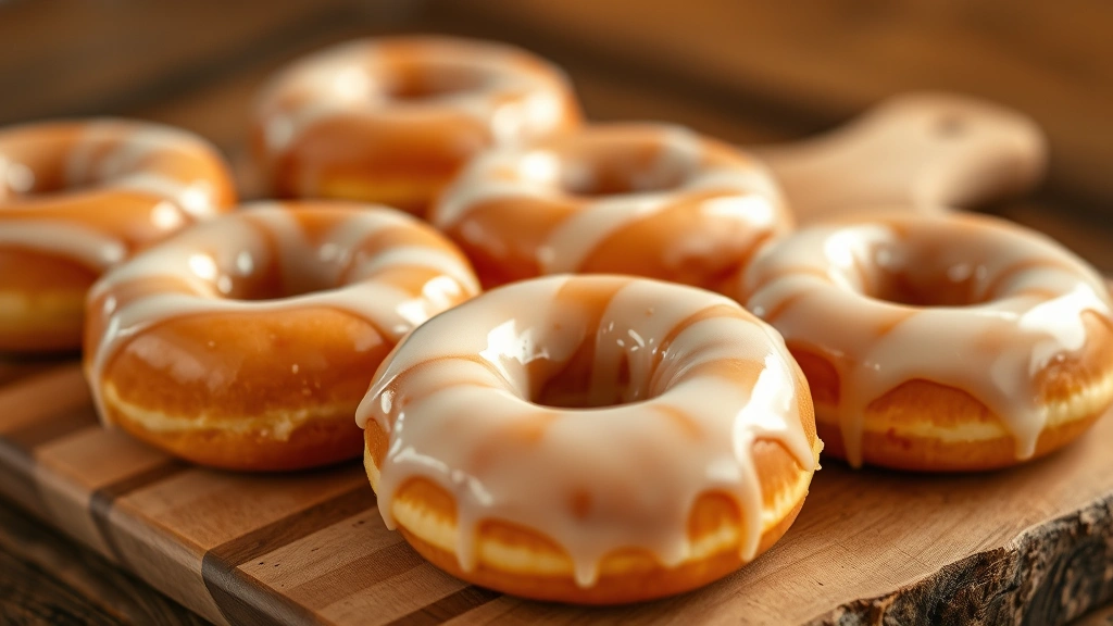 Golden-brown old fashioned donuts with glossy vanilla glaze, arranged on a rustic wooden board, warm natural lighting, artisanal bakery aesthetic, shallow depth of field focusing on donut texture and glaze shine