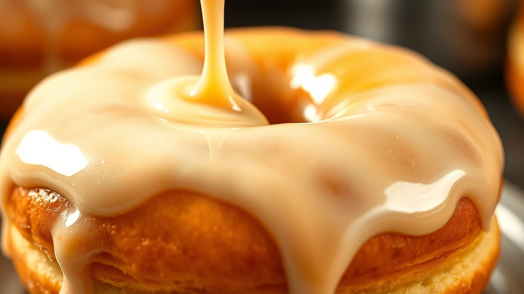 Close-up of freshly glazed old fashioned donut being dipped into creamy vanilla glaze, oil droplets glistening, professional bakery setting, warm studio lighting highlighting glaze coating and donut ridges