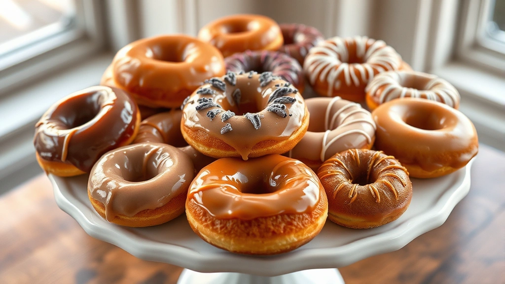 Array of artisanal old fashioned donuts with various gourmet glazes including maple, lavender, and brown butter, displayed on white ceramic cake stand, soft natural window lighting, elegant pastry shop presentation