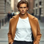 Fashion-forward model wearing 1970s camel wool coat layered over contemporary minimalist white t-shirt and modern slim black trousers, standing in urban setting with natural lighting, sophisticated styling demonstrating era-blending aesthetic