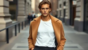 Fashion-forward model wearing 1970s camel wool coat layered over contemporary minimalist white t-shirt and modern slim black trousers, standing in urban setting with natural lighting, sophisticated styling demonstrating era-blending aesthetic