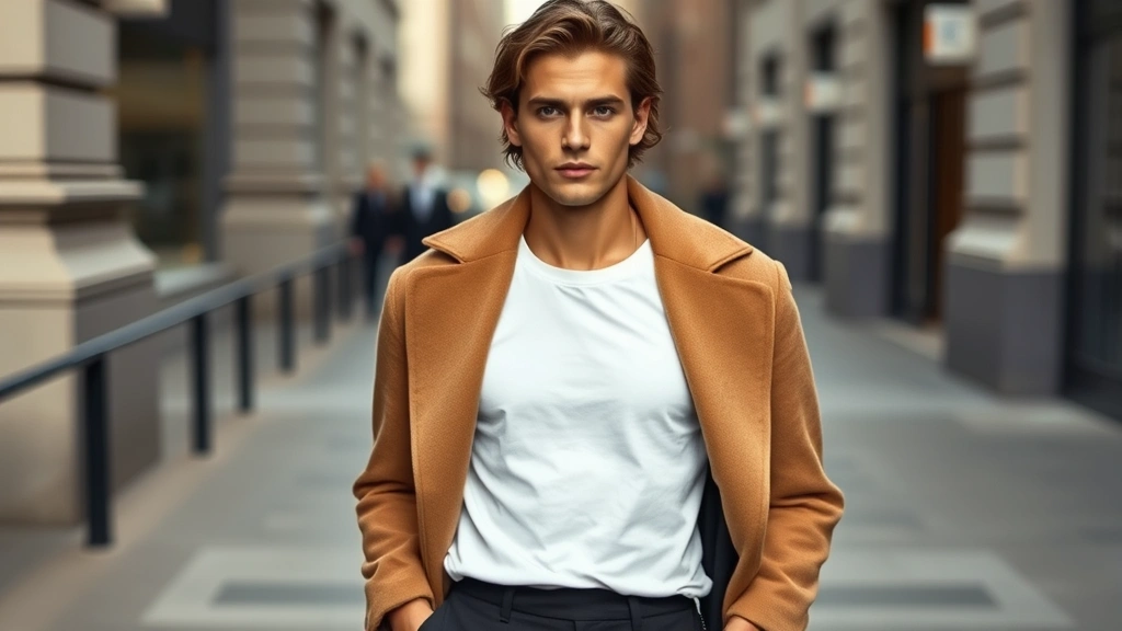 Fashion-forward model wearing 1970s camel wool coat layered over contemporary minimalist white t-shirt and modern slim black trousers, standing in urban setting with natural lighting, sophisticated styling demonstrating era-blending aesthetic