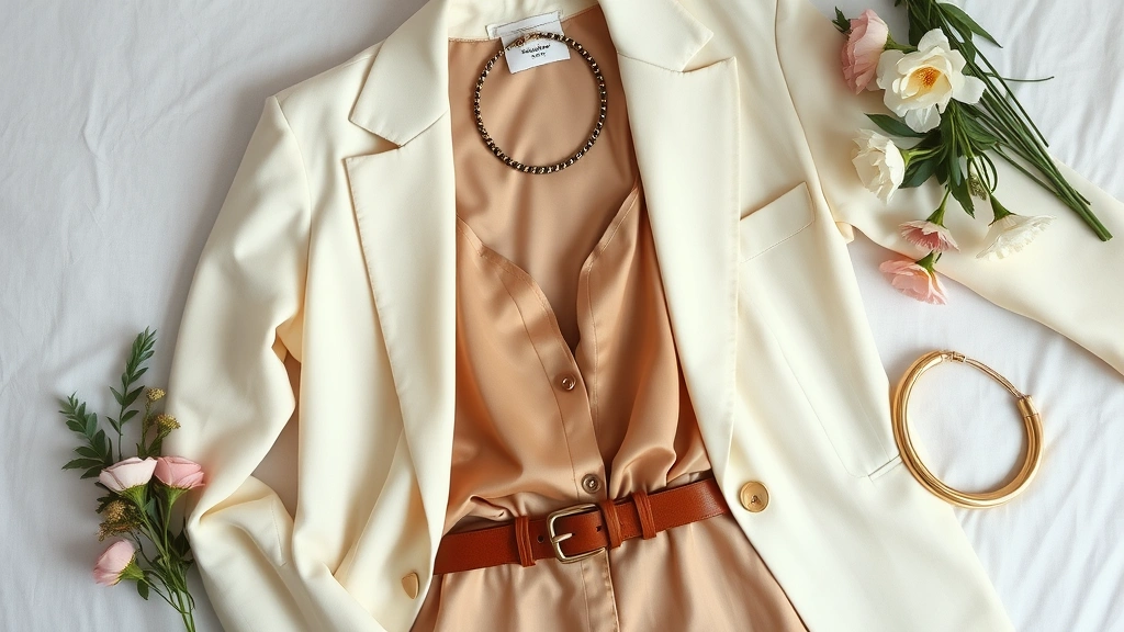Overhead flat lay of carefully curated vintage and modern fashion items: classic 1980s structured blazer in cream, contemporary silk camisole, vintage leather belt, modern gold jewelry, fresh flowers, showing intentional wardrobe curation and mix of decades