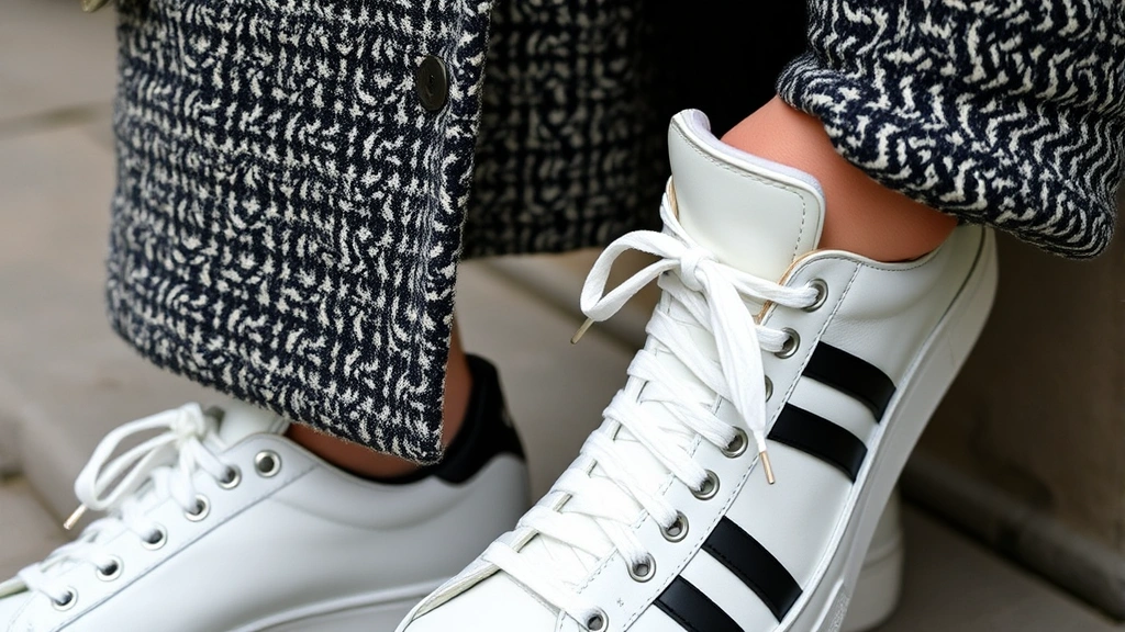 Close-up detail shot of vintage Chanel-style tweed jacket texture paired with modern sneakers and contemporary minimal accessories, highlighting quality craftsmanship contrast between eras and sophisticated old fashion mix styling approach