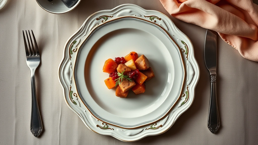 Overhead view of an elegant 1950s-style dinner plate with vintage china, featuring perfectly arranged food presentation with garnish, fine silver cutlery, cloth napkin, and soft warm lighting