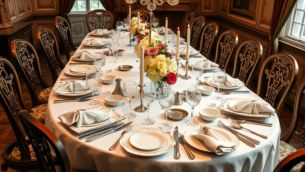 Elegant vintage dinner table setting with multiple courses, fine china, crystal glassware, and carefully arranged place settings featuring cloth napkins and decorative centerpieces with fresh flowers