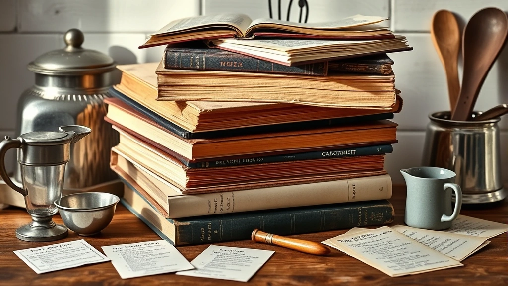 Vintage cookbook collection stacked with worn pages, vintage measuring cups, and classic kitchen utensils arranged on a wooden surface with soft natural lighting and scattered recipe cards