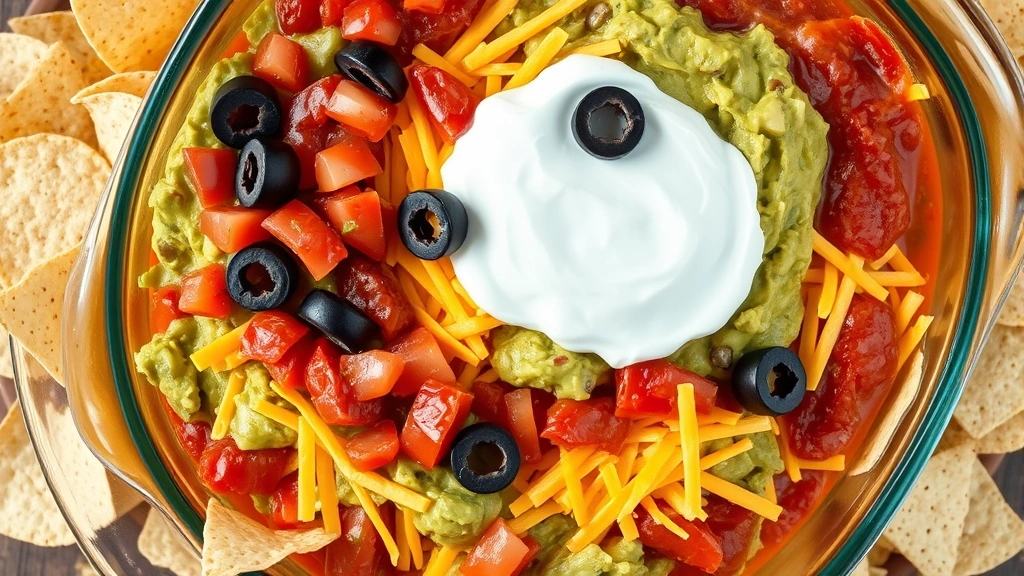 Close-up overhead shot of a colorful traditional 7-layer dip in a clear glass baking dish showing distinct layers of guacamole, sour cream, salsa, cheese, and black olives with tortilla chips arranged around the edges, warm natural lighting, vibrant colors