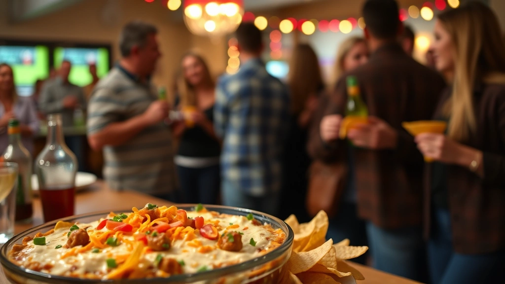Casual entertaining scene with 7-layer dip served at a game day gathering, guests mingling with chips and dip in background, warm cozy lighting, authentic candid moment showing the dip in real entertaining context