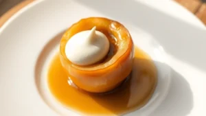 Golden-brown baked apple with caramelized filling, garnished with a single vanilla cream quenelle, served on a minimalist white ceramic plate with soft natural lighting highlighting the glossy caramel surface and deep apple tones
