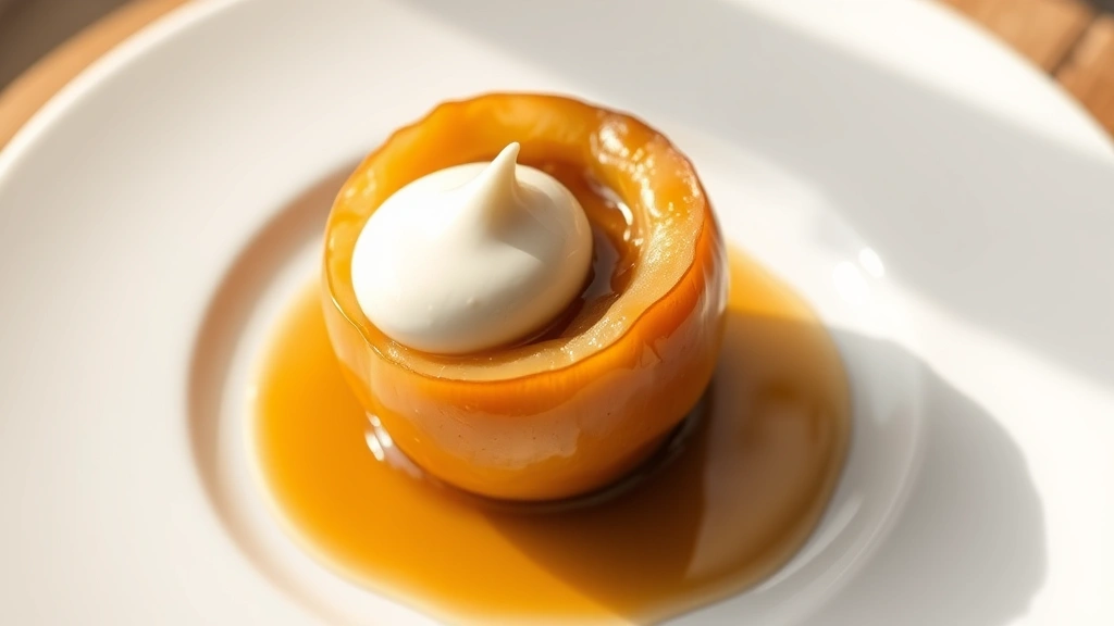 Golden-brown baked apple with caramelized filling, garnished with a single vanilla cream quenelle, served on a minimalist white ceramic plate with soft natural lighting highlighting the glossy caramel surface and deep apple tones