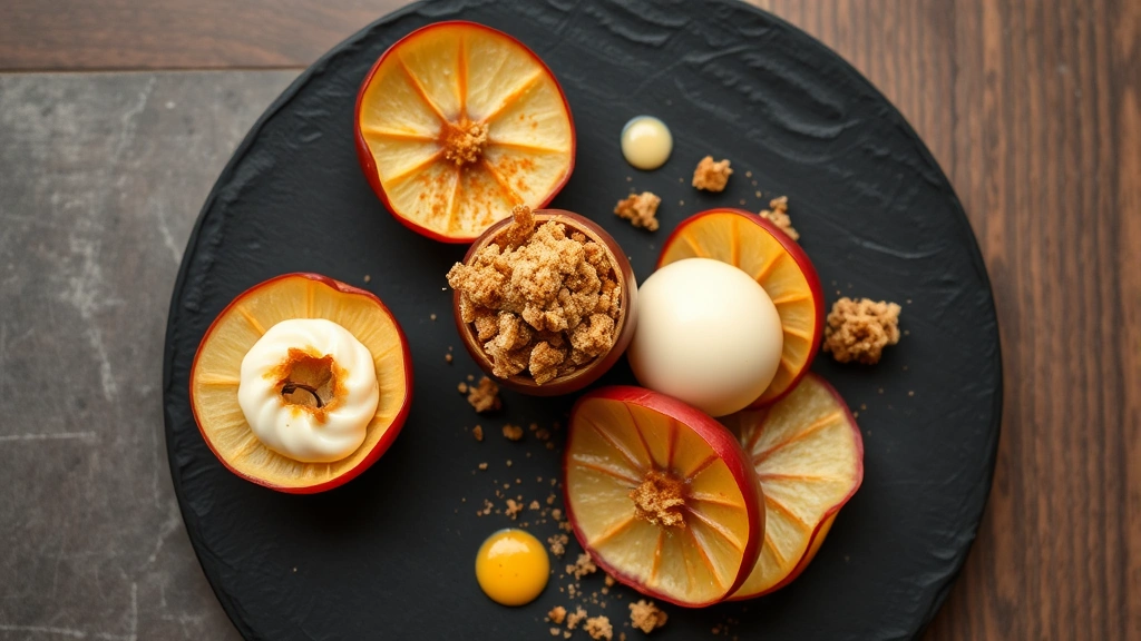 Overhead shot of artfully plated deconstructed baked apple dessert featuring thin caramelized apple skin arranged asymmetrically with spiced crumble elements and apple foam on dark slate, modern restaurant presentation