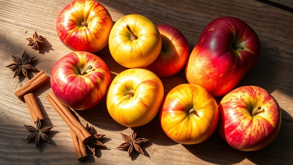Farm-fresh heirloom apples in autumn tones arranged on rustic wooden surface with cinnamon sticks and star anise, natural daylight creating warm shadows, emphasizing seasonal ingredients and sustainable sourcing aesthetic