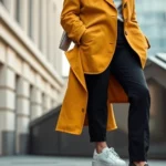 Elegant woman wearing a tailored 1970s mustard-colored vintage blazer paired with contemporary white minimalist sneakers and modern black trousers, standing in urban setting with natural lighting, sophisticated styling mixing eras