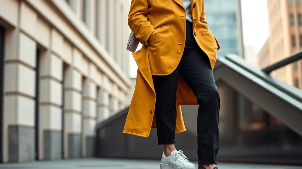 Elegant woman wearing a tailored 1970s mustard-colored vintage blazer paired with contemporary white minimalist sneakers and modern black trousers, standing in urban setting with natural lighting, sophisticated styling mixing eras