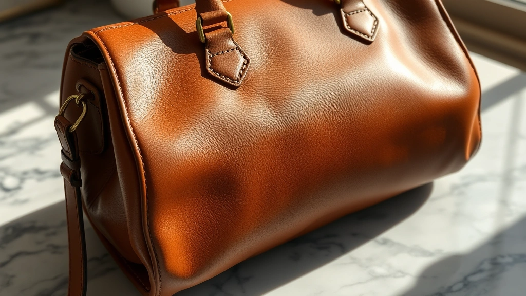 Close-up detail of vintage luxury handbag in rich cognac leather with brass hardware and intricate stitching, displayed on marble surface with natural morning light, showcasing quality craftsmanship and timeless design elements