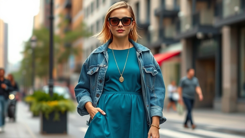 Stylish person wearing 1960s vintage A-line dress in jewel tone fabric layered with oversized contemporary denim jacket, accessorized with modern gold jewelry and current-season sunglasses, embodying hybrid vintage-modern aesthetic on city street