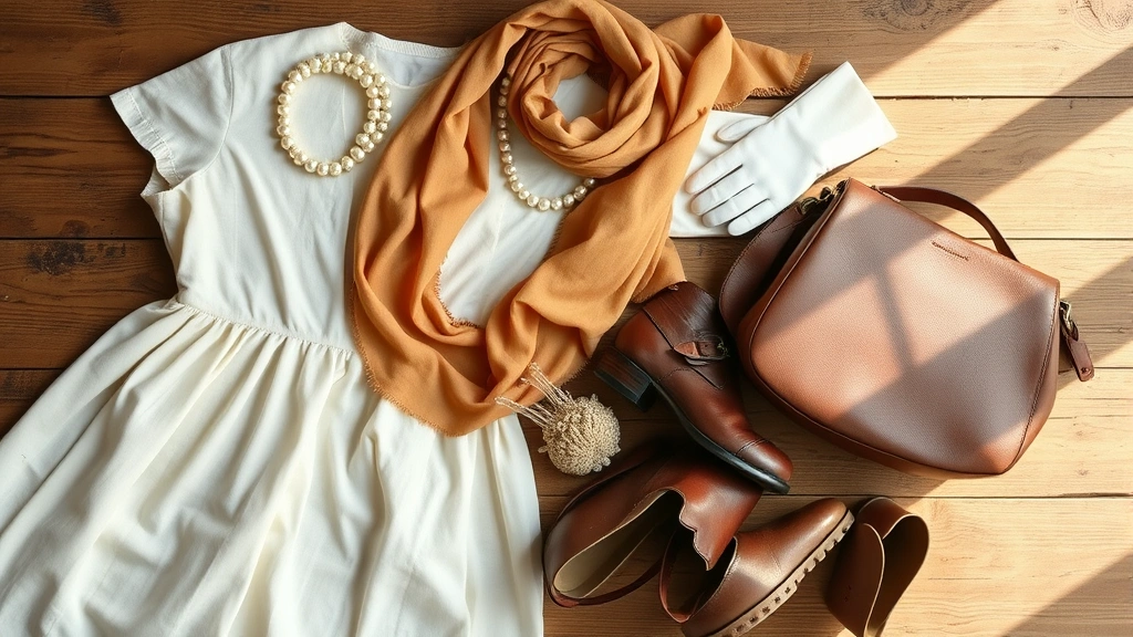 Flat lay arrangement of vintage fashion essentials: cream linen dress, pearl jewelry, vintage silk scarf in warm tones, vintage leather handbag, saddle shoes, and white gloves on aged wooden surface, warm natural light, nostalgic styling