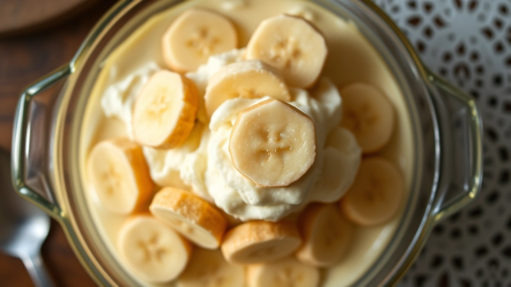 Overhead shot of vintage banana pudding in glass dish showing distinct layers of creamy custard, vanilla wafers, and fresh banana slices, soft natural lighting, classic tableware