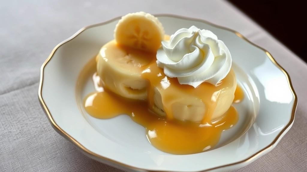 Elegant plating of vintage banana pudding dessert garnished with whipped cream and fresh banana slice, fine dining presentation, neutral background, professional food photography