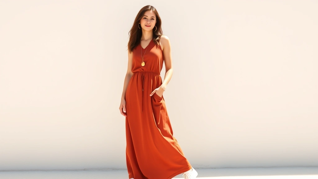 Woman wearing 1970s rust-colored maxi dress with modern white sneakers, minimalist gold jewelry, standing in natural sunlight, neutral background, confident pose, showing era-blending styling