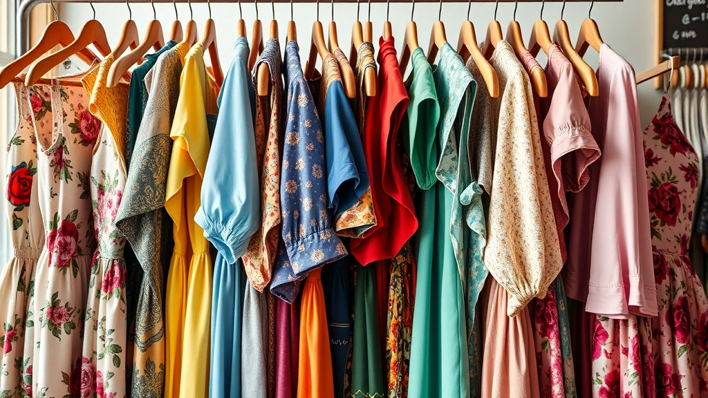 Close-up of vintage clothing rack with colorful dresses from different decades, natural lighting, showcasing quality fabrics and construction details, fashion boutique aesthetic