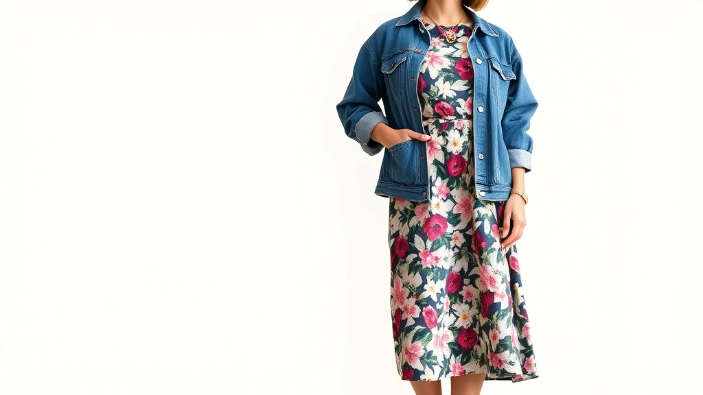 Woman wearing 1950s floral print dress styled with modern white sneakers, oversized denim jacket, and minimalist gold jewelry, standing in natural light against neutral background, fashion-forward vintage styling