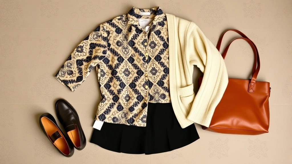 Flat lay of carefully curated vintage print pieces including 1940s geometric blouse, cream cardigan, modern loafers, and contemporary leather bag arranged artfully on neutral surface