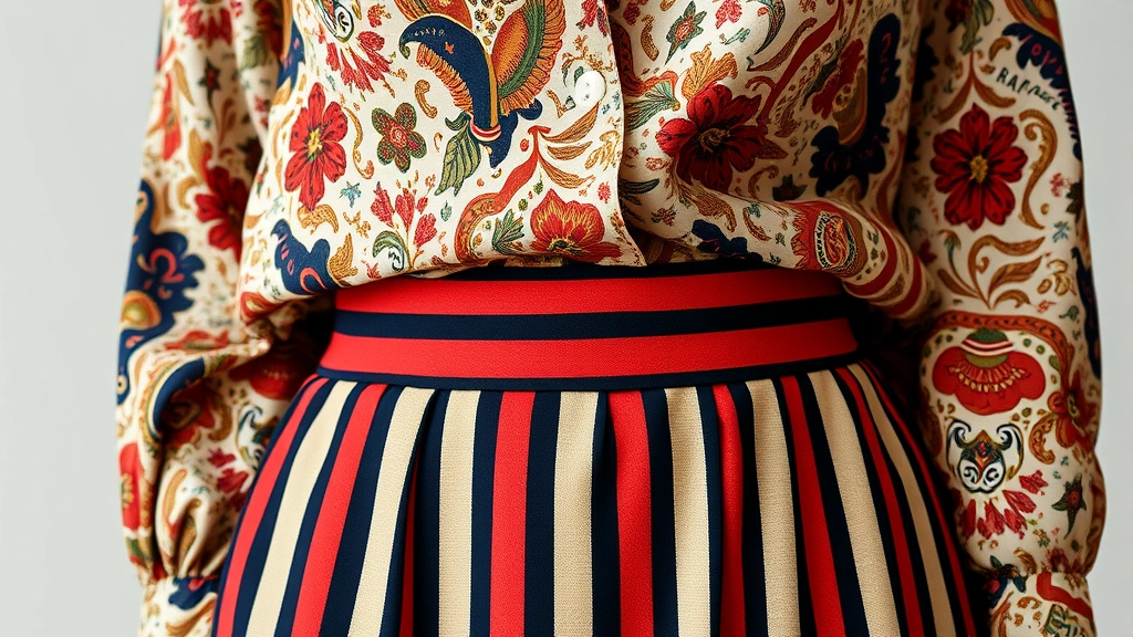 Close-up detail of mixed vintage prints on model wearing patterned blouse with striped skirt, showing print mixing technique with complementary colors and varied scales, professional styling