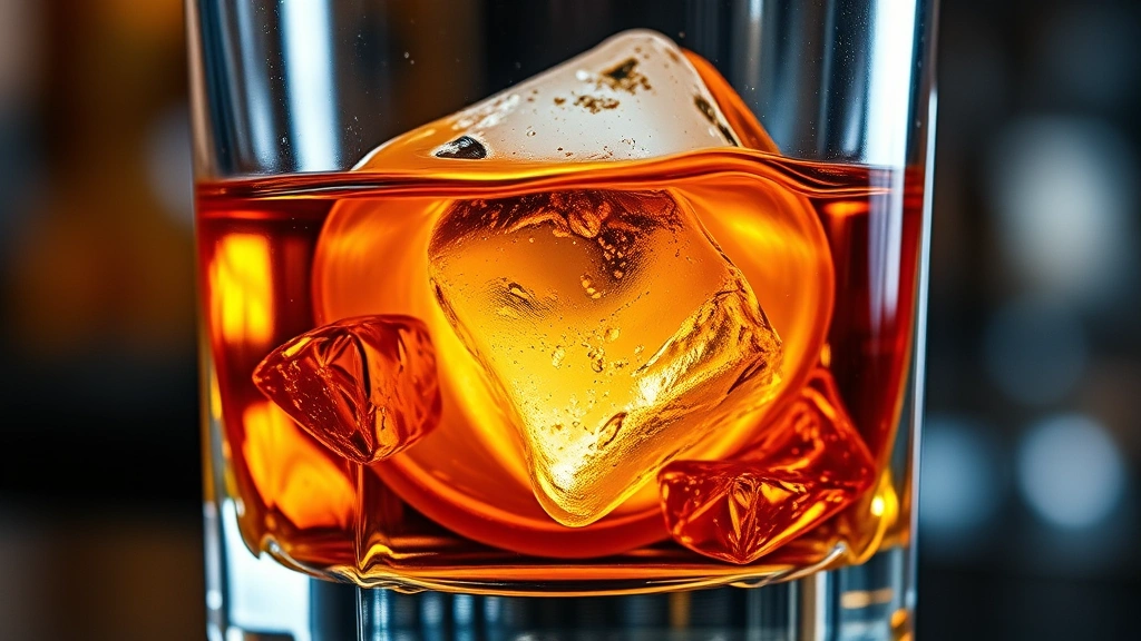 Close-up of amber bourbon swirling in a heavy rocks glass with a single large ice cube, aromatic orange peel reflected in the liquid, sophisticated bar atmosphere, cinematic photography