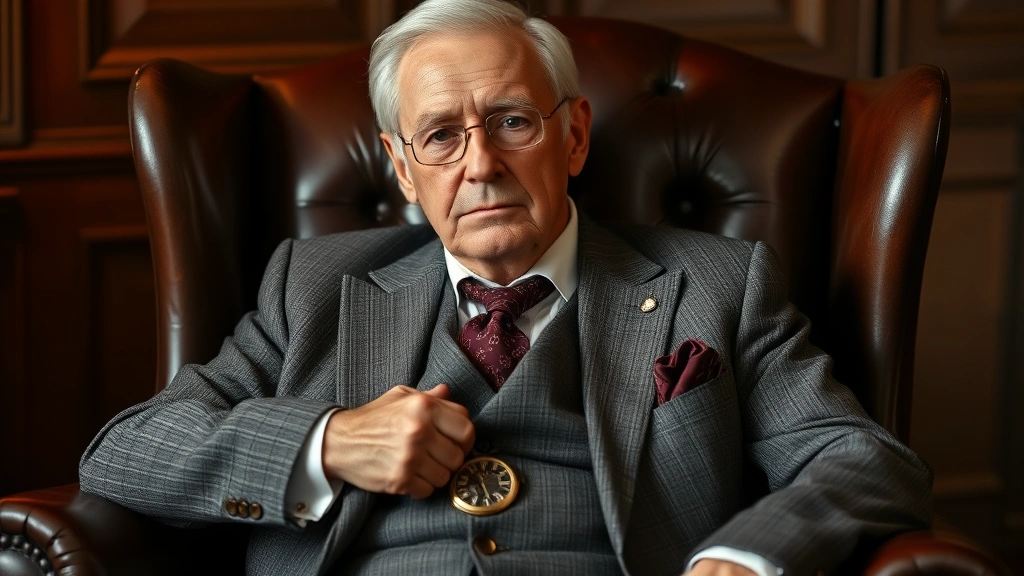 Distinguished older gentleman in tailored vintage three-piece suit, pocket watch chain visible, seated in leather wingback chair, warm lighting emphasizing refined elegance and heritage style