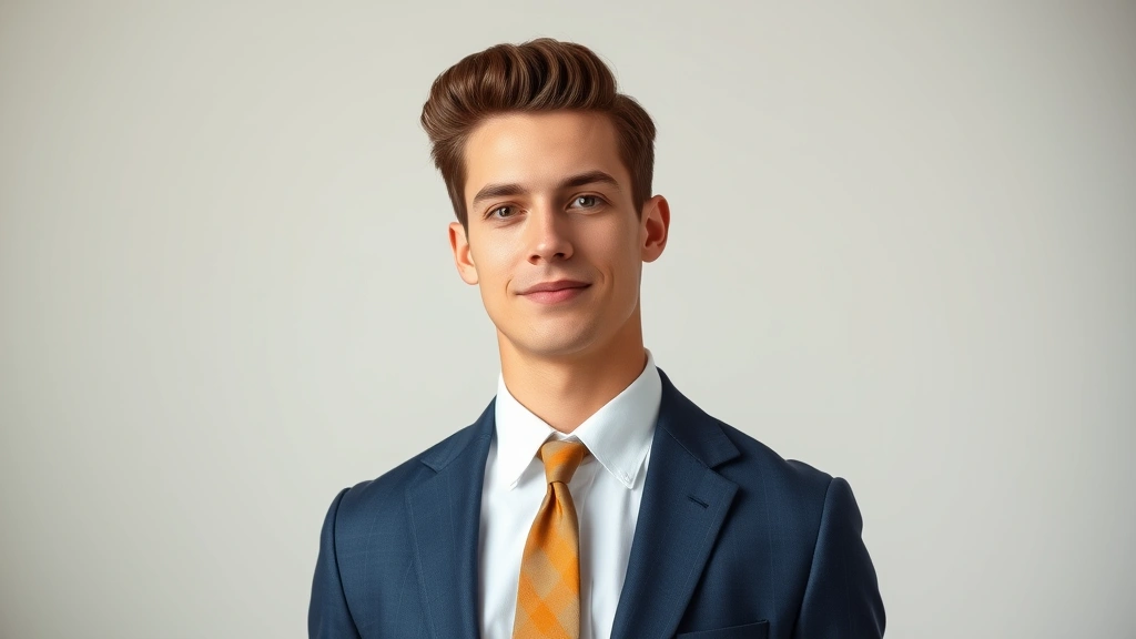 Young man wearing classic navy suit jacket with crisp white oxford shirt, vintage tie clip, styled hair, confident posture, professional yet approachable, natural daylight studio setting