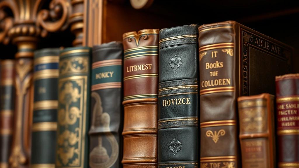 Close-up of vintage leather-bound classic literature collection, ornate bookshelf, warm wood tones, suggesting intellectual heritage and timeless cultural sophistication