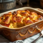 Golden-brown baked bread pudding in ceramic dish, steaming, with caramelized top and creamy custard visible, rustic kitchen setting with vintage spoon nearby, warm lighting