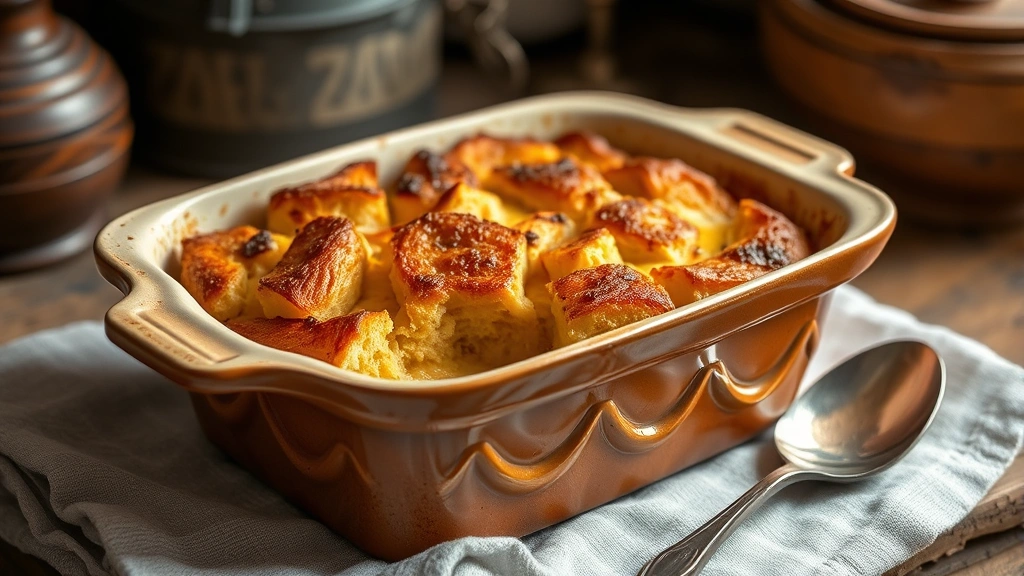 Golden-brown baked bread pudding in ceramic dish, steaming, with caramelized top and creamy custard visible, rustic kitchen setting with vintage spoon nearby, warm lighting