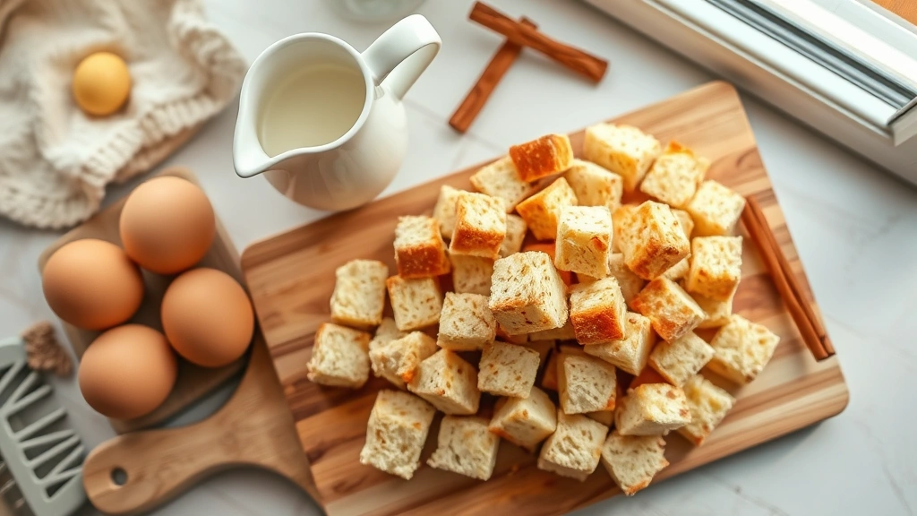 Overhead shot of day-old bread cubes arranged on wooden cutting board, next to fresh eggs, cream pitcher, and cinnamon stick, natural window light, vintage kitchen aesthetic