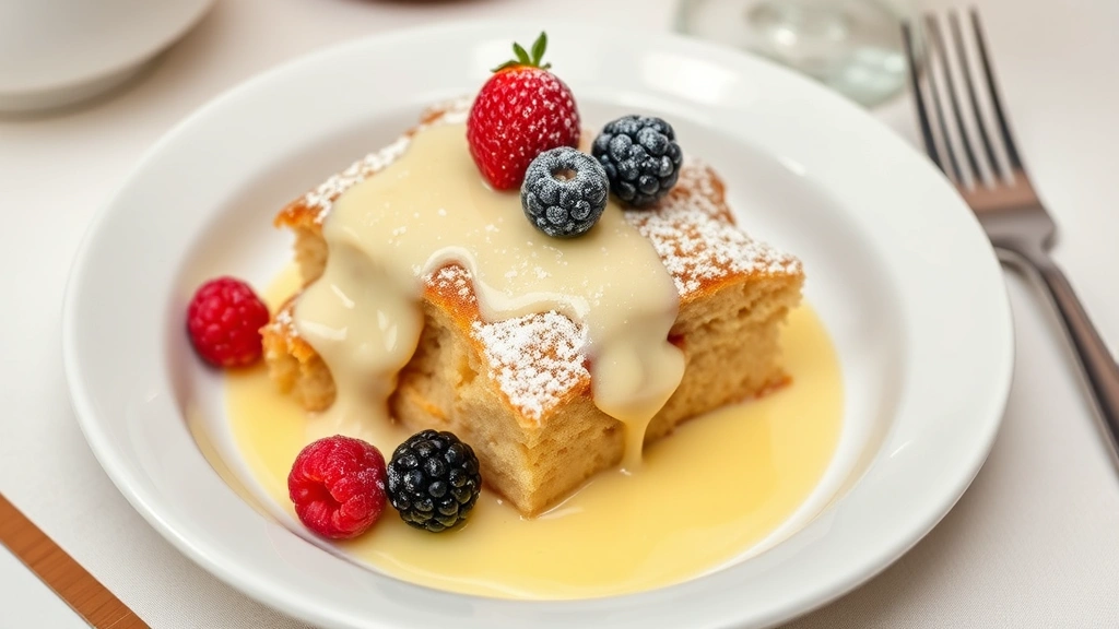 Plated warm bread pudding in shallow white bowl with vanilla custard sauce drizzled artfully, topped with fresh berries and powdered sugar dust, elegant table setting with dessert fork