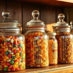 Vintage glass jars filled with colorful penny candies and hard candies in warm sunlight, antique wooden shelving, nostalgic confectionery display, photorealistic detail